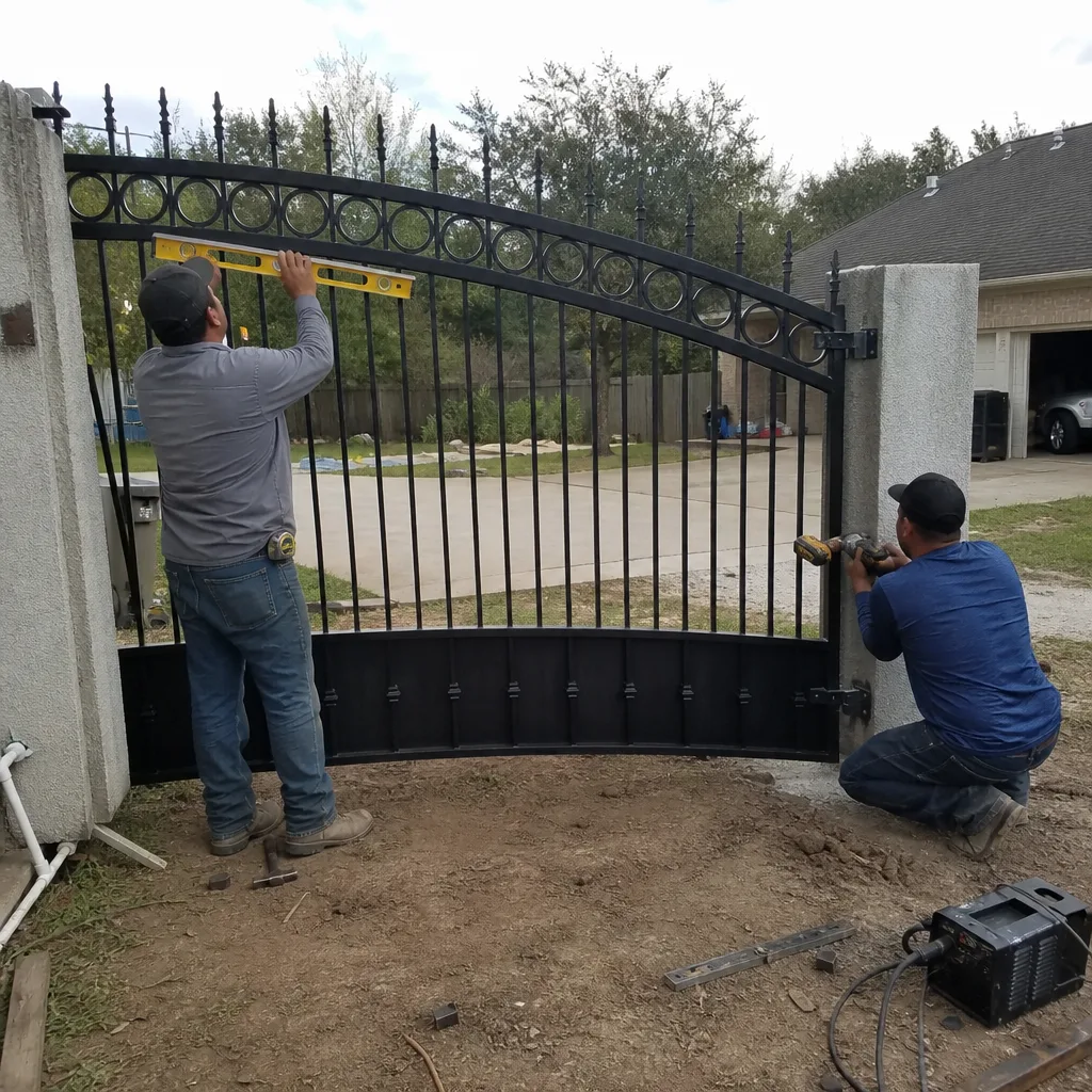 Professional contractors installing a black metal gate at a residential property