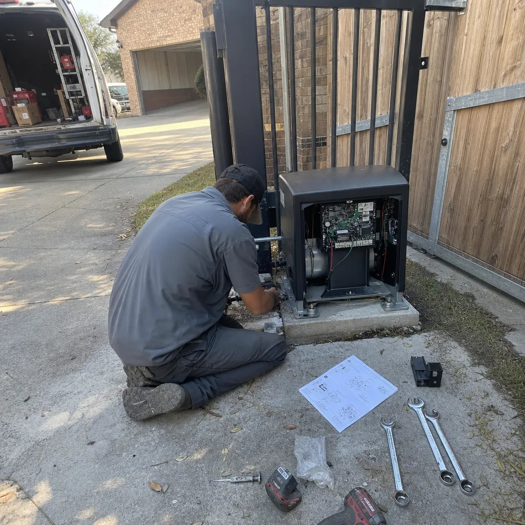 Technician performing gate motor and opener repair service