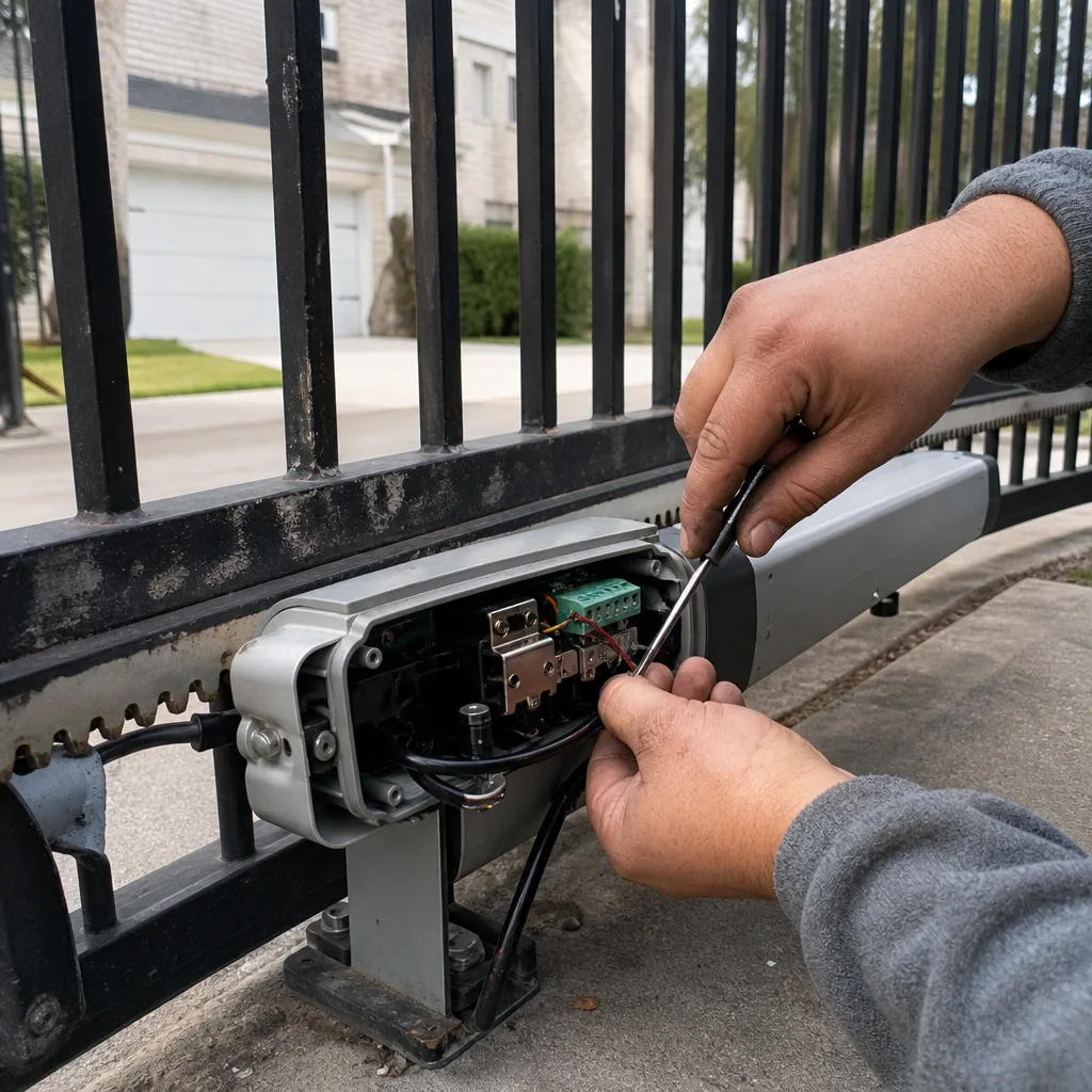 Technician performing professional maintenance and repair on a sliding gate motor.