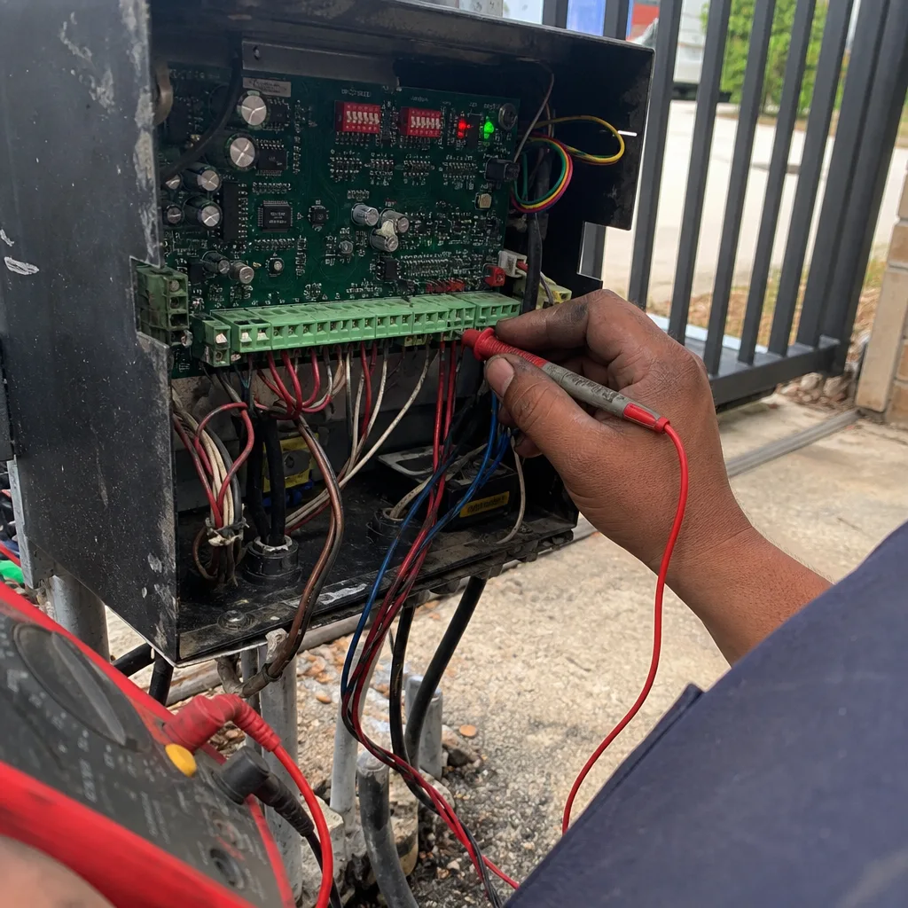 Technician using a multimeter for gate motor and opener system repair