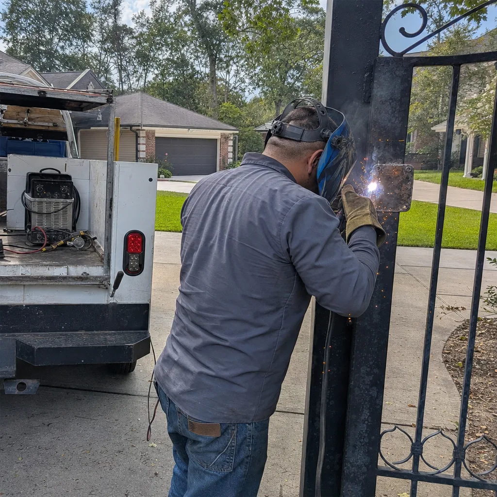 Professional welder performing metal gate repair on residential property