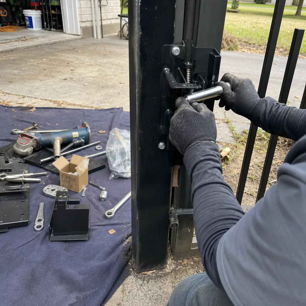 Technician installing new gate latch hardware