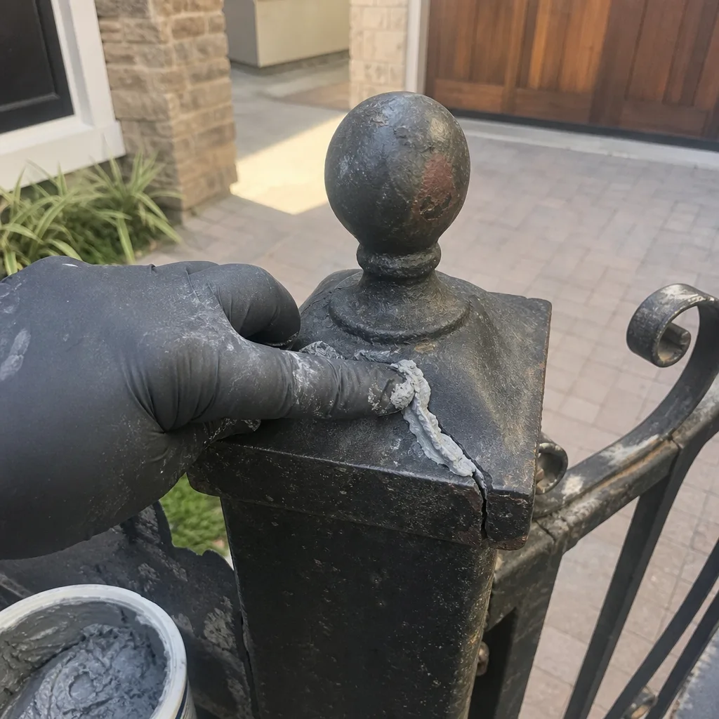 professional applying metal filler to repair a cracked gate post